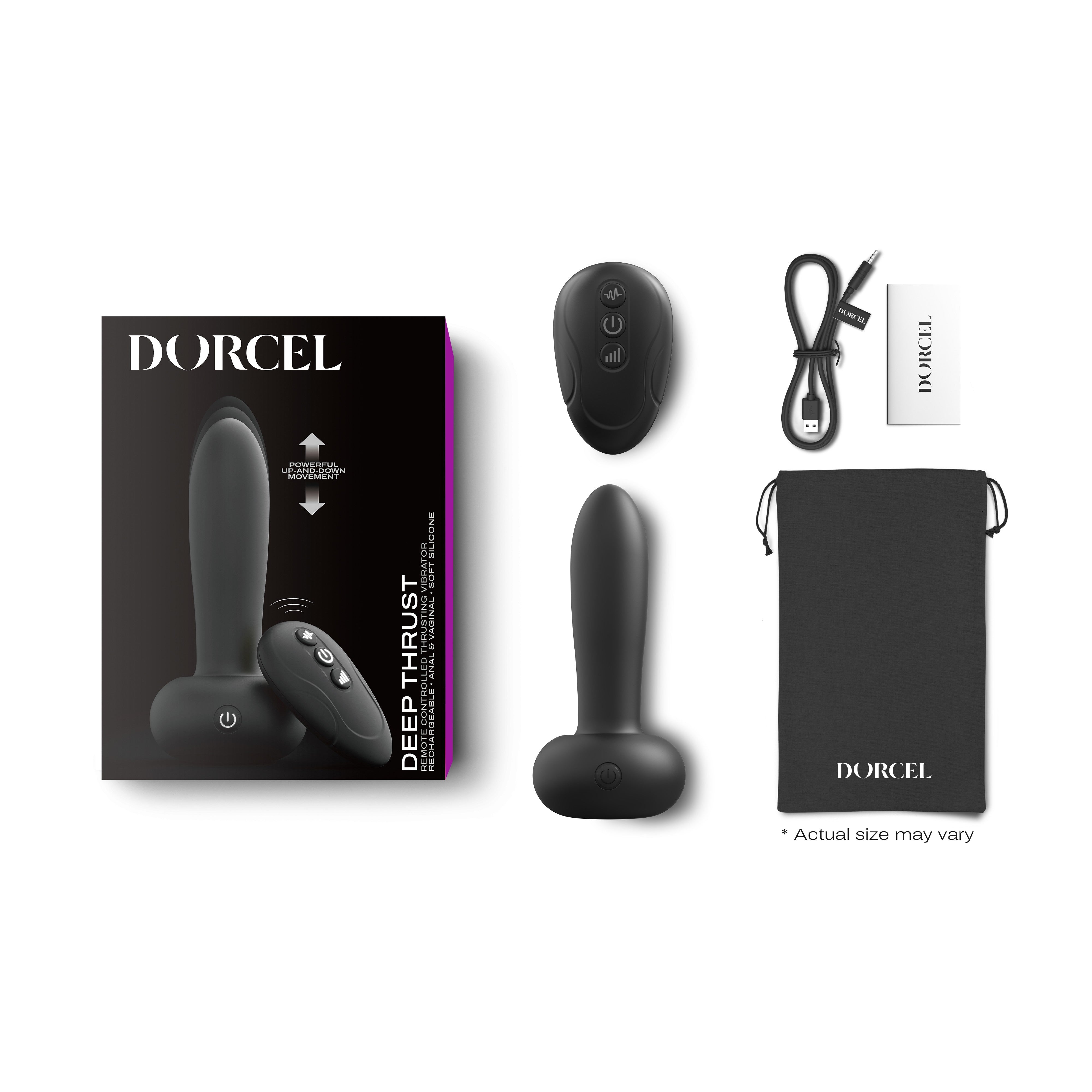 A black Dorcel Deep Thrust vibrator with remote, charging cable, and storage bag.