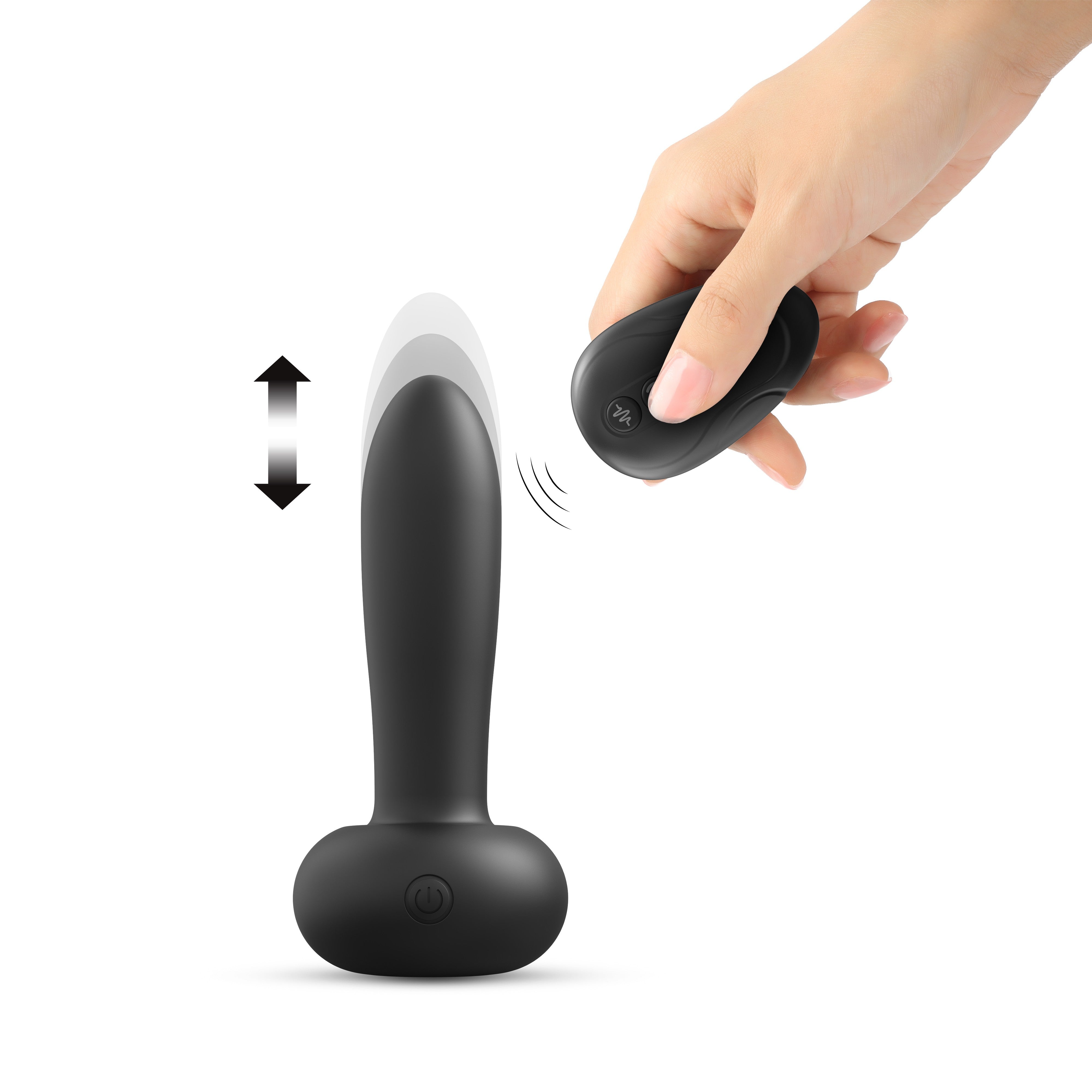 A black remote-controlled vibrator with a power button and a hand holding the remote.