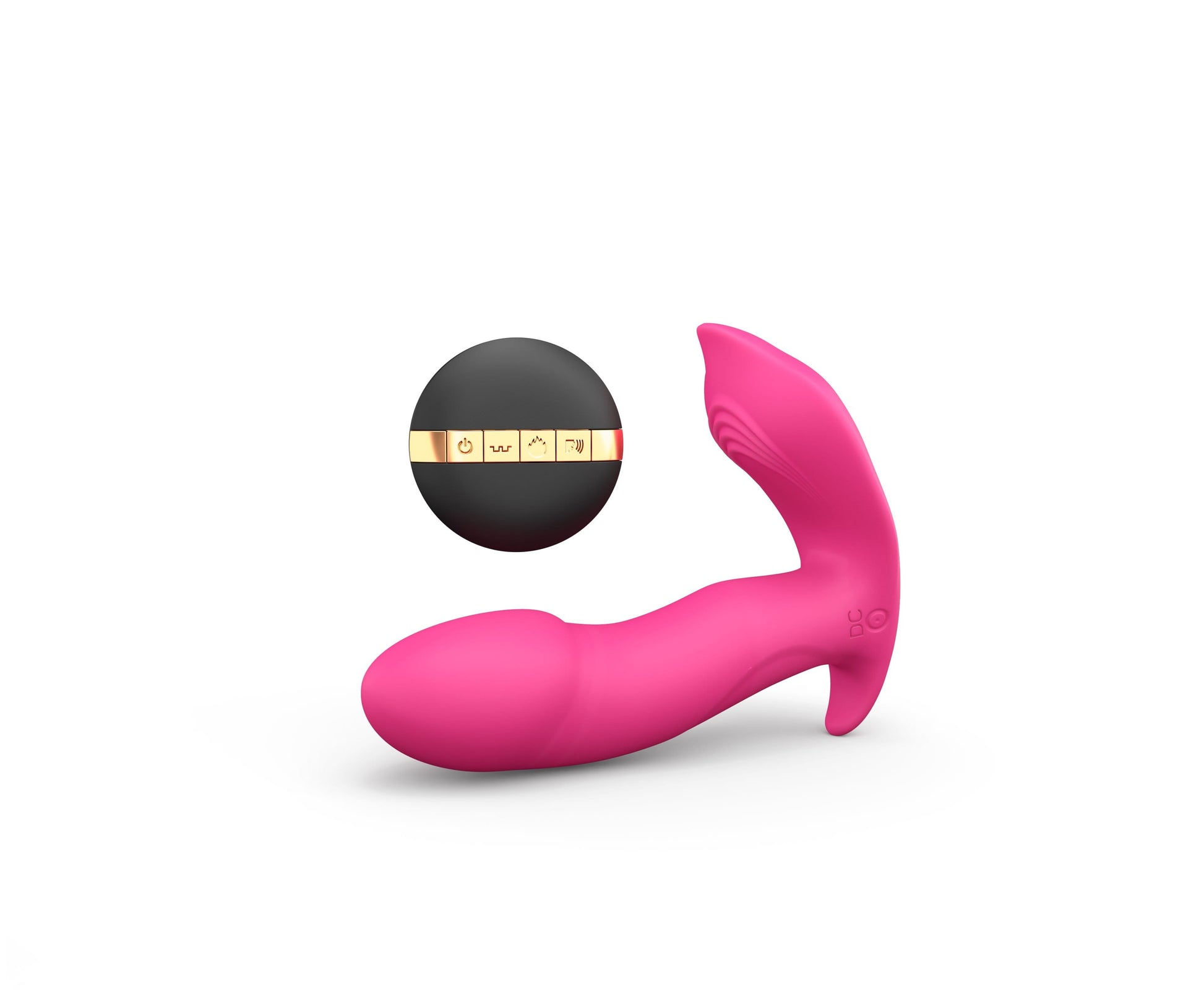 A pink clitoral and G-spot stimulator with a black control puck.