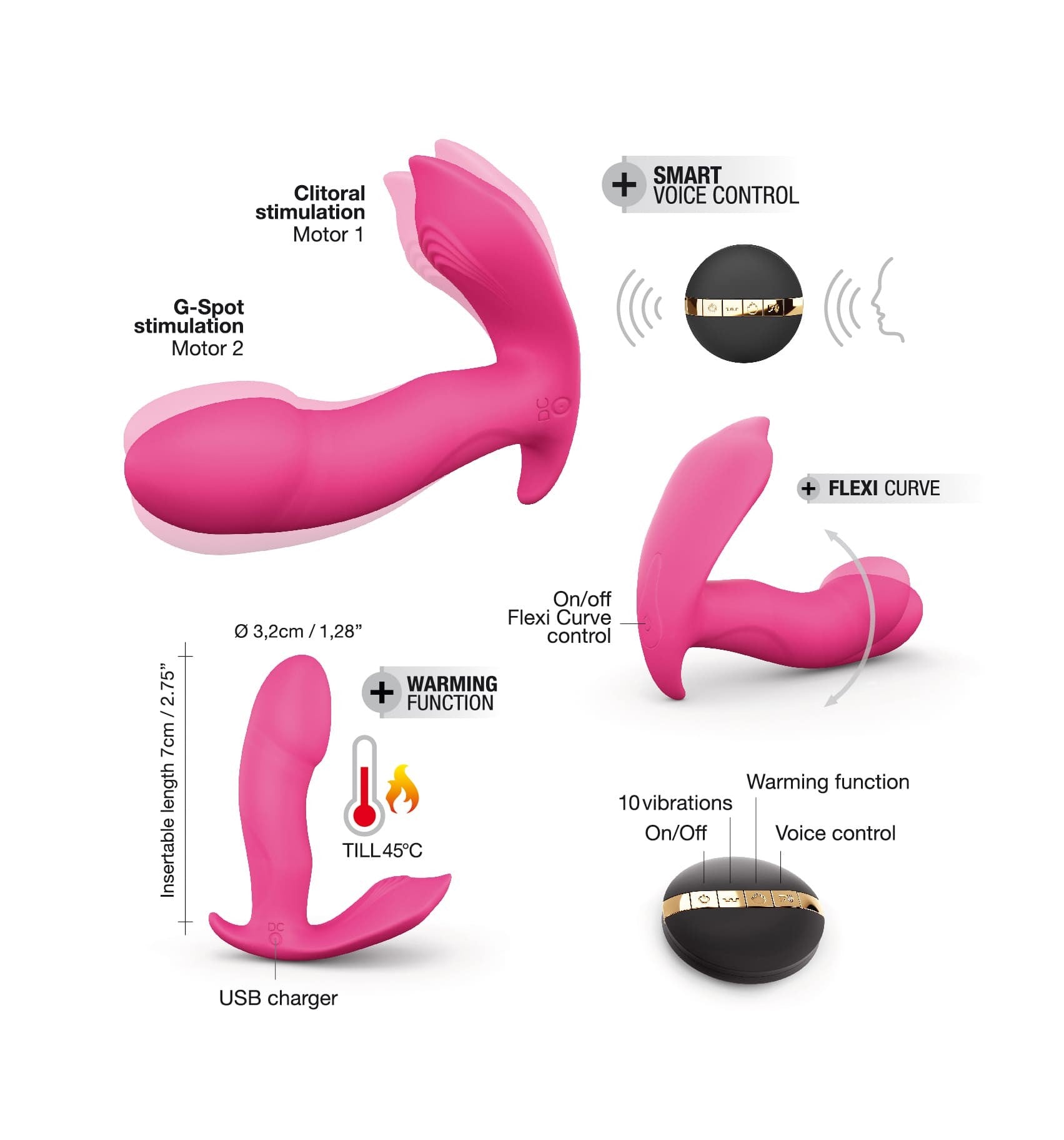 Pink dual-motor stimulator with voice control, warming function, and USB charging.