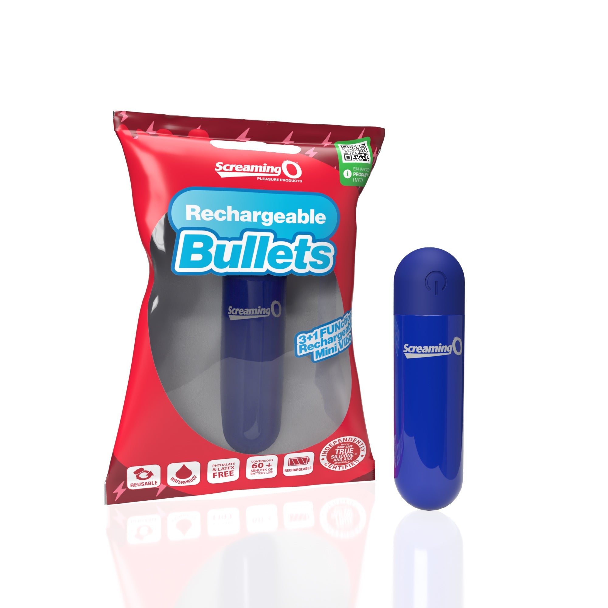 A blue rechargeable bullet vibrator with packaging.