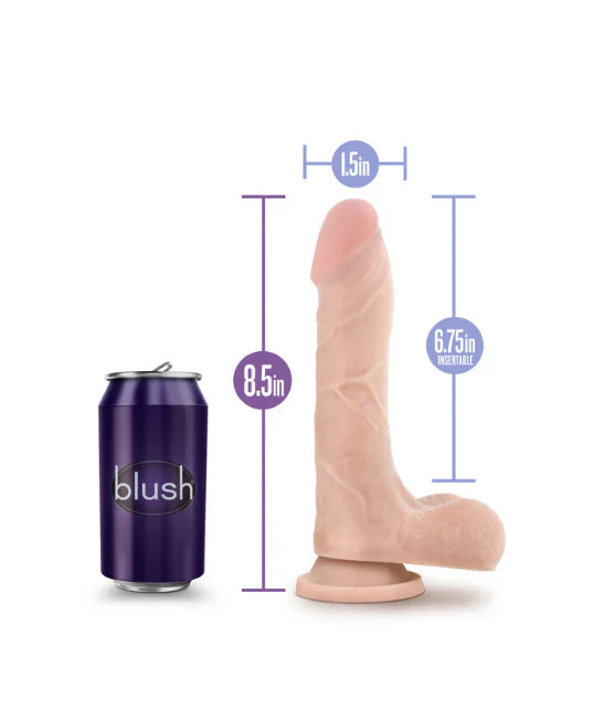 Image of a realistic 8.75-inch dual density dildo with suction cup base, flexible spine, and size comparisons to a soda can.