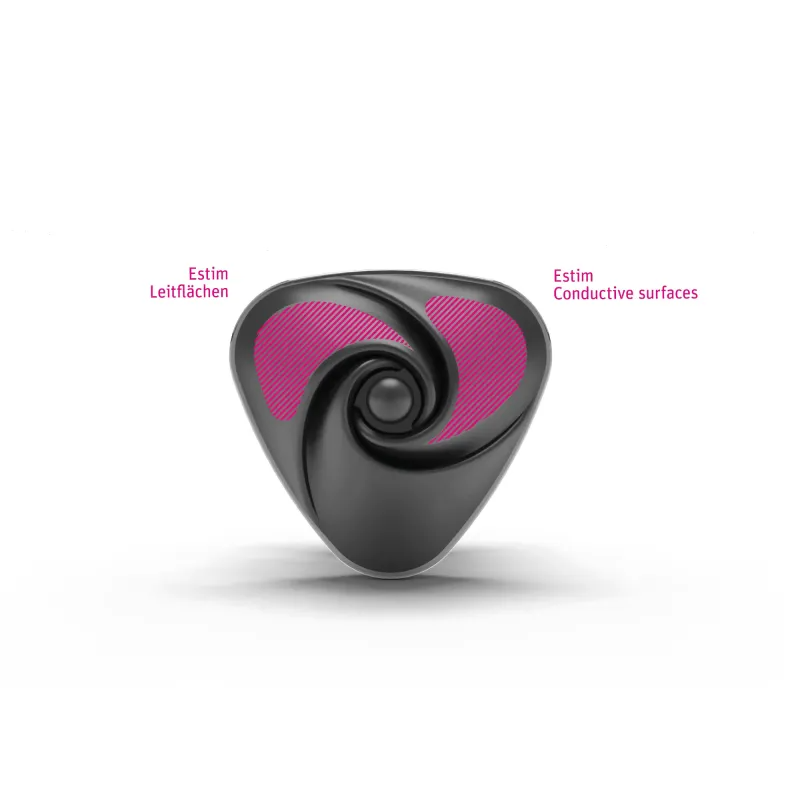 Black silicone vibe with pink conductive surfaces and text labels.