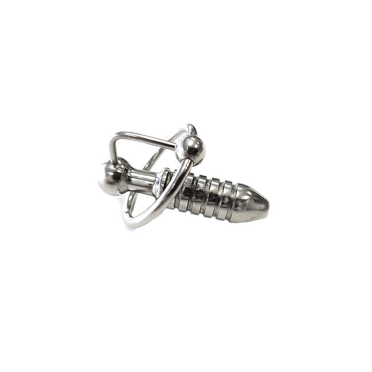 Stainless steel urethral probe with beaded shaft and cock ring.