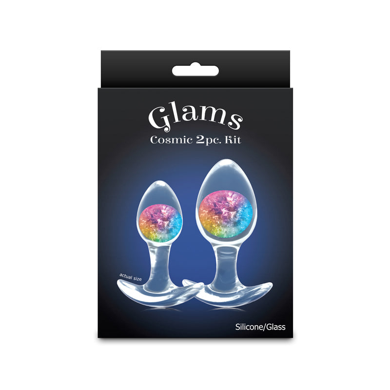 Two clear glass butt plugs with rainbow cosmic designs inside.