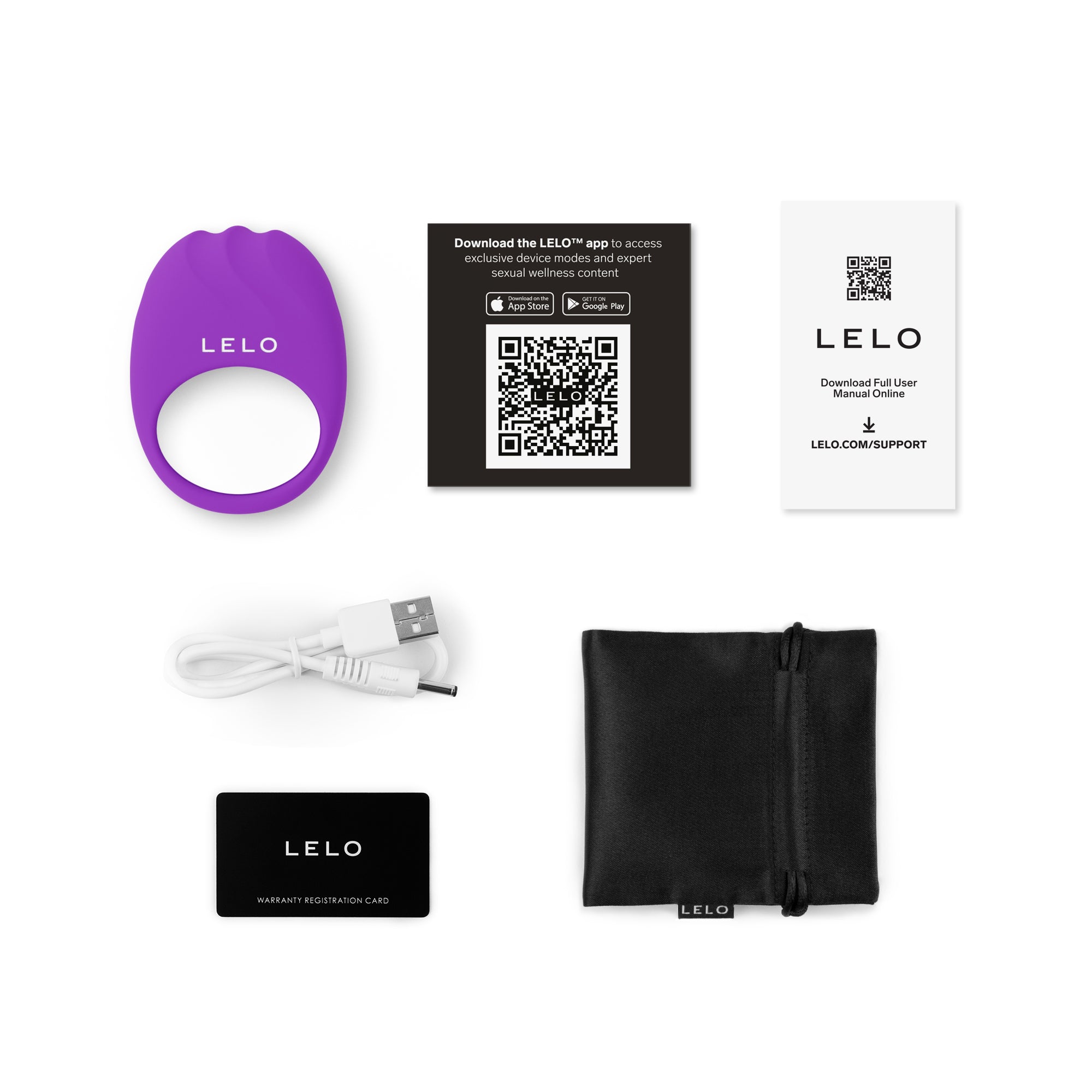 A purple LELO vibrating silicone penis ring with charging cable, warranty card, and storage pouch.