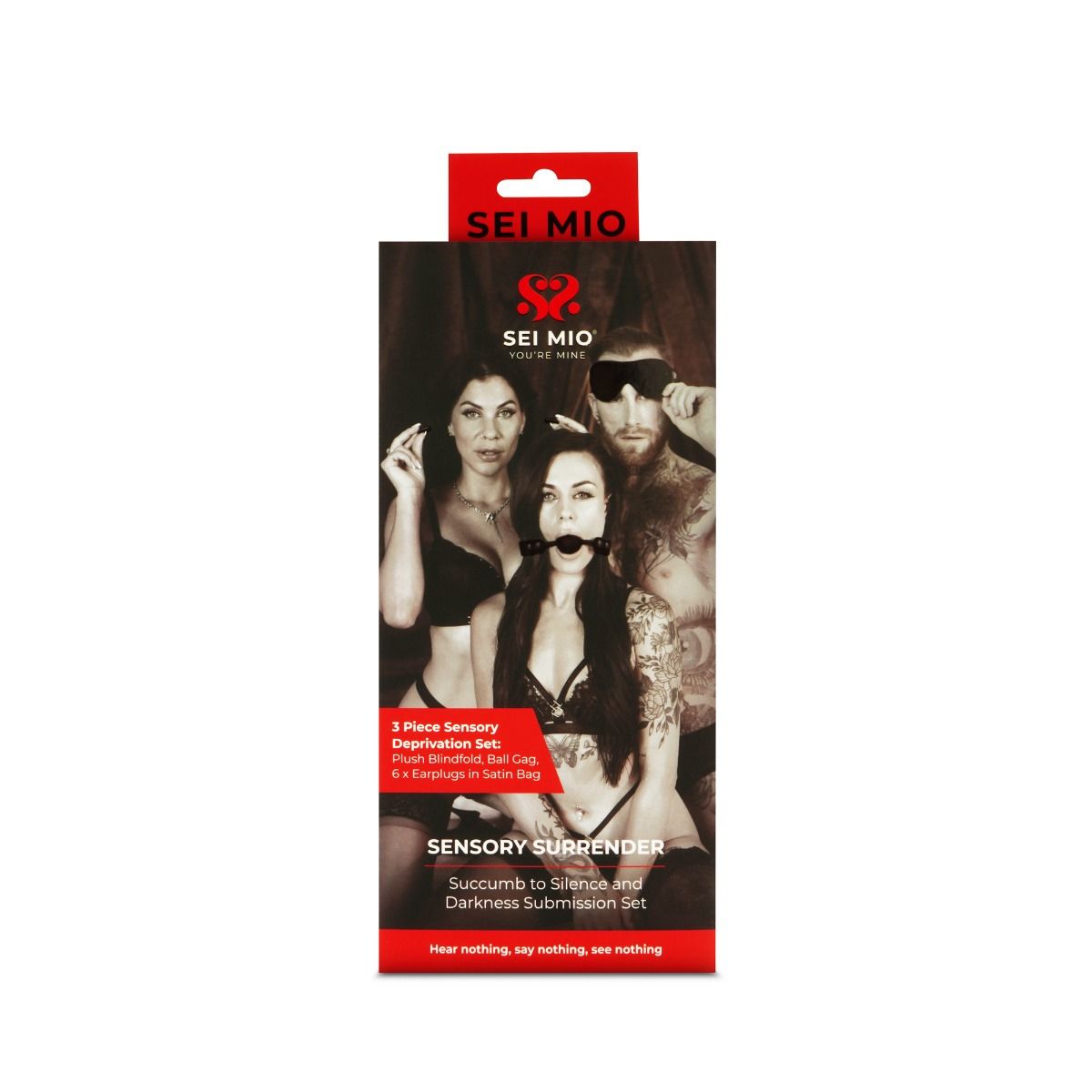 Sei Mio Sensory Play Kit with blindfold, gag, and earplugs.