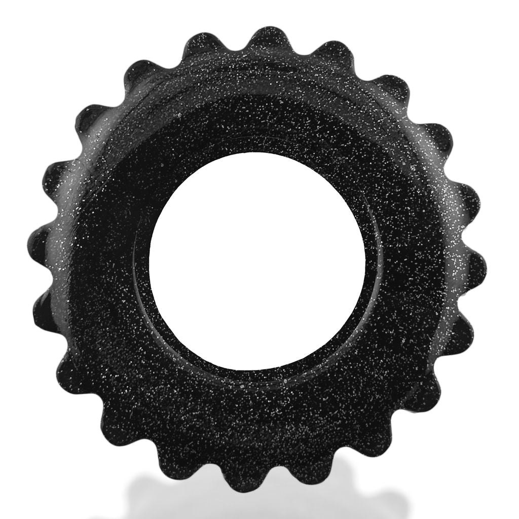 Black glittery TPR cock ring with a serrated edge.