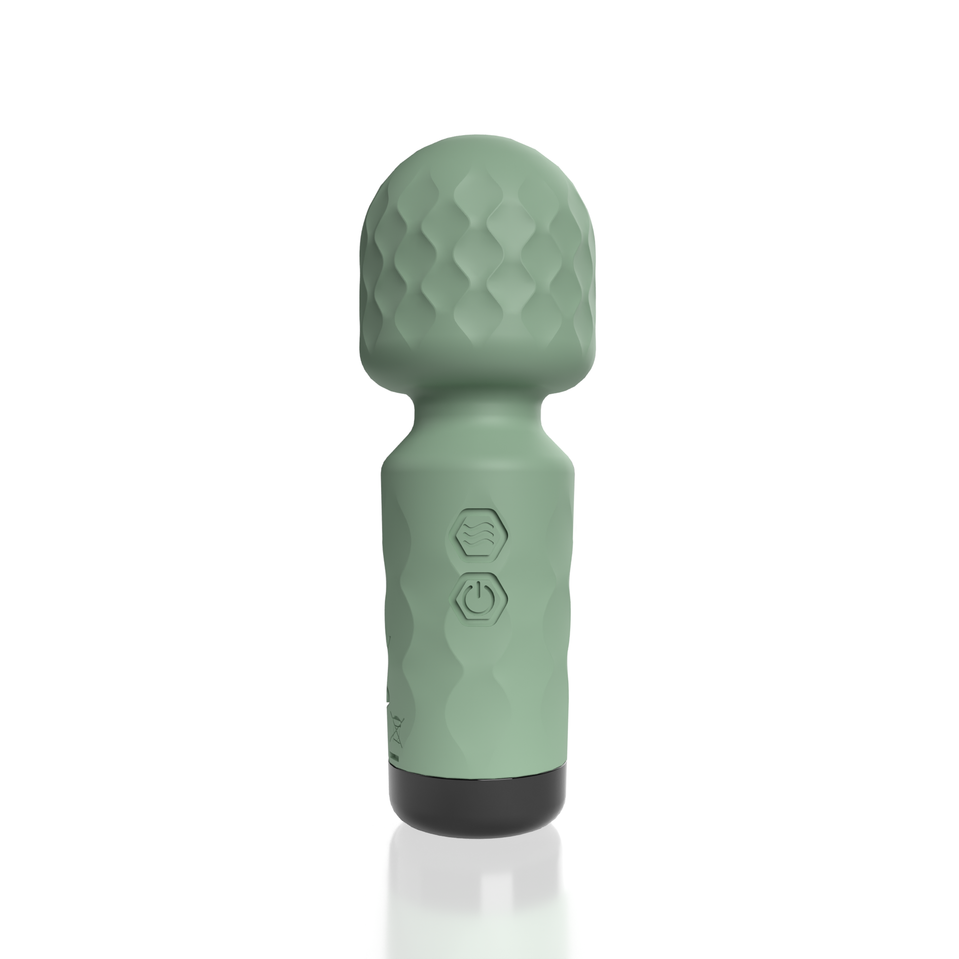 A green mini wand vibrator with a textured head and two hexagonal buttons.