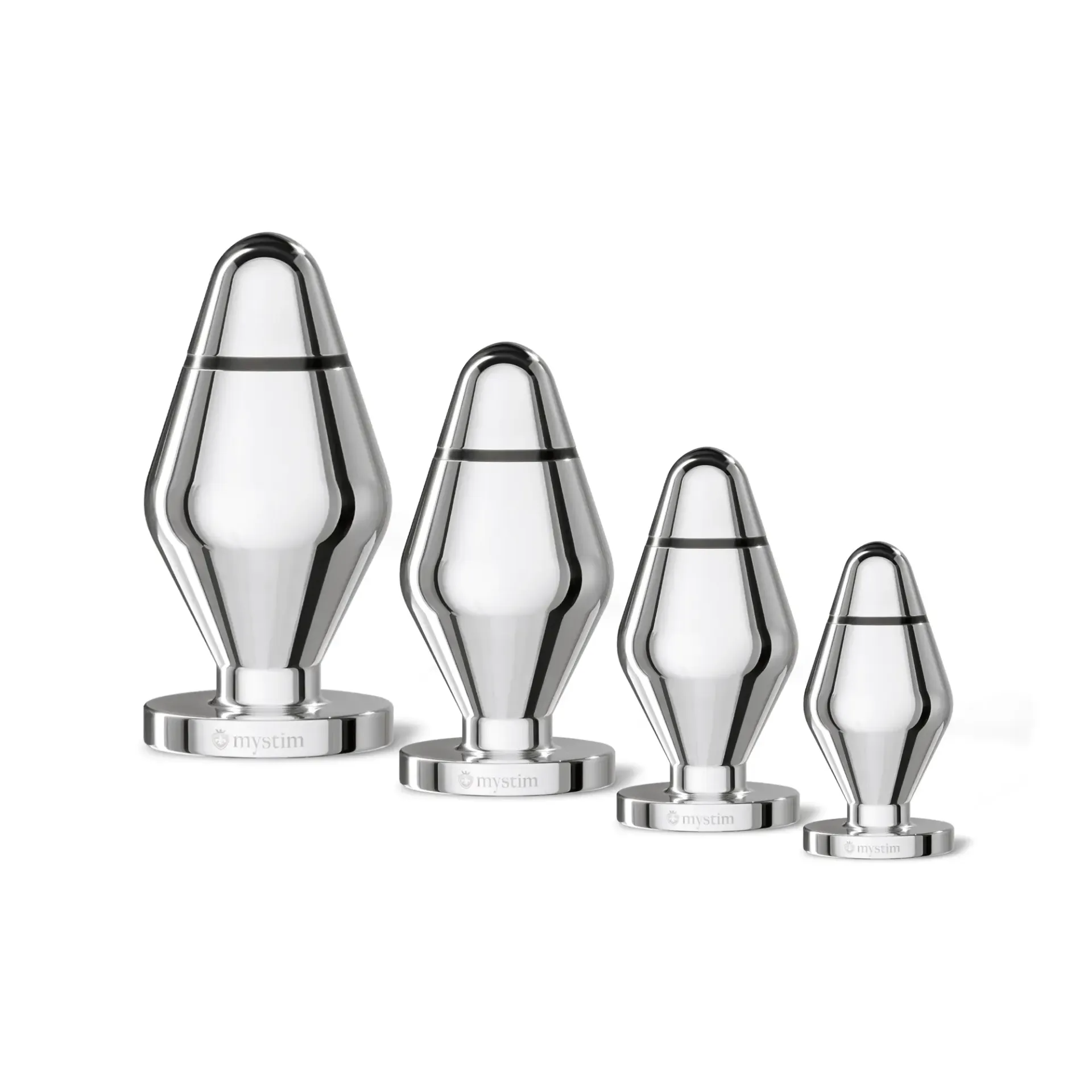 Four polished metal anal plugs of varying sizes with black bands and branded bases.