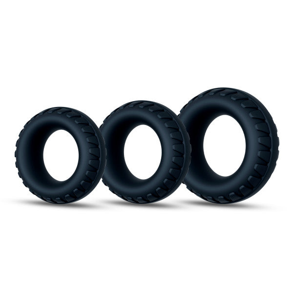 Three black textured silicone cock rings of varying sizes.