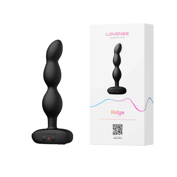 Black Lovense Ridge anal beads with a flared base and a product box.