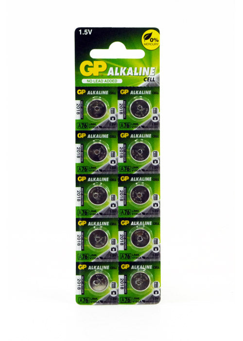 A 10-pack of GP Alkaline A76 button cell batteries.