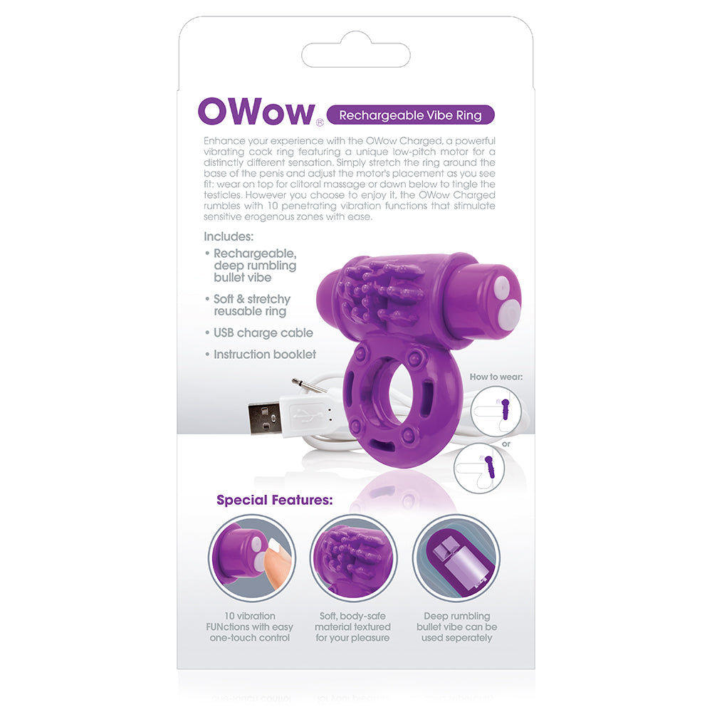 Purple rechargeable vibrating cock ring with USB cable and instruction booklet.