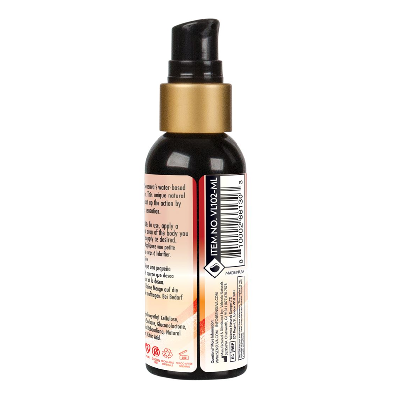 A bottle of Sensuva warming water-based personal lubricant with a pump dispenser.