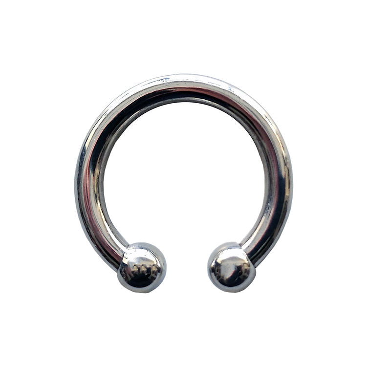 Stainless steel horseshoe cock ring with balls.