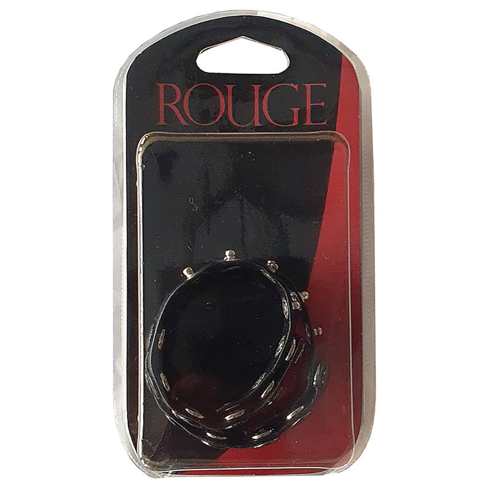 Black leather cock strap with double snap closure in packaging.