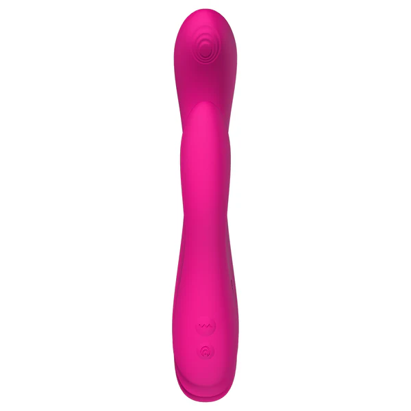 A bright pink oscillating rabbit vibrator with two buttons on the handle.