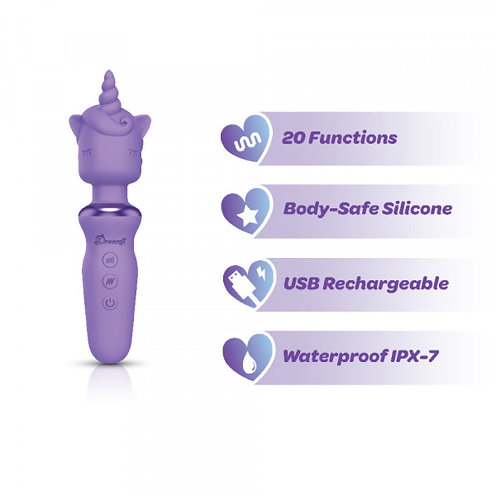 Lilac unicorn wand massager with 20 functions, body-safe silicone, USB rechargeable, and waterproof IPX-7.