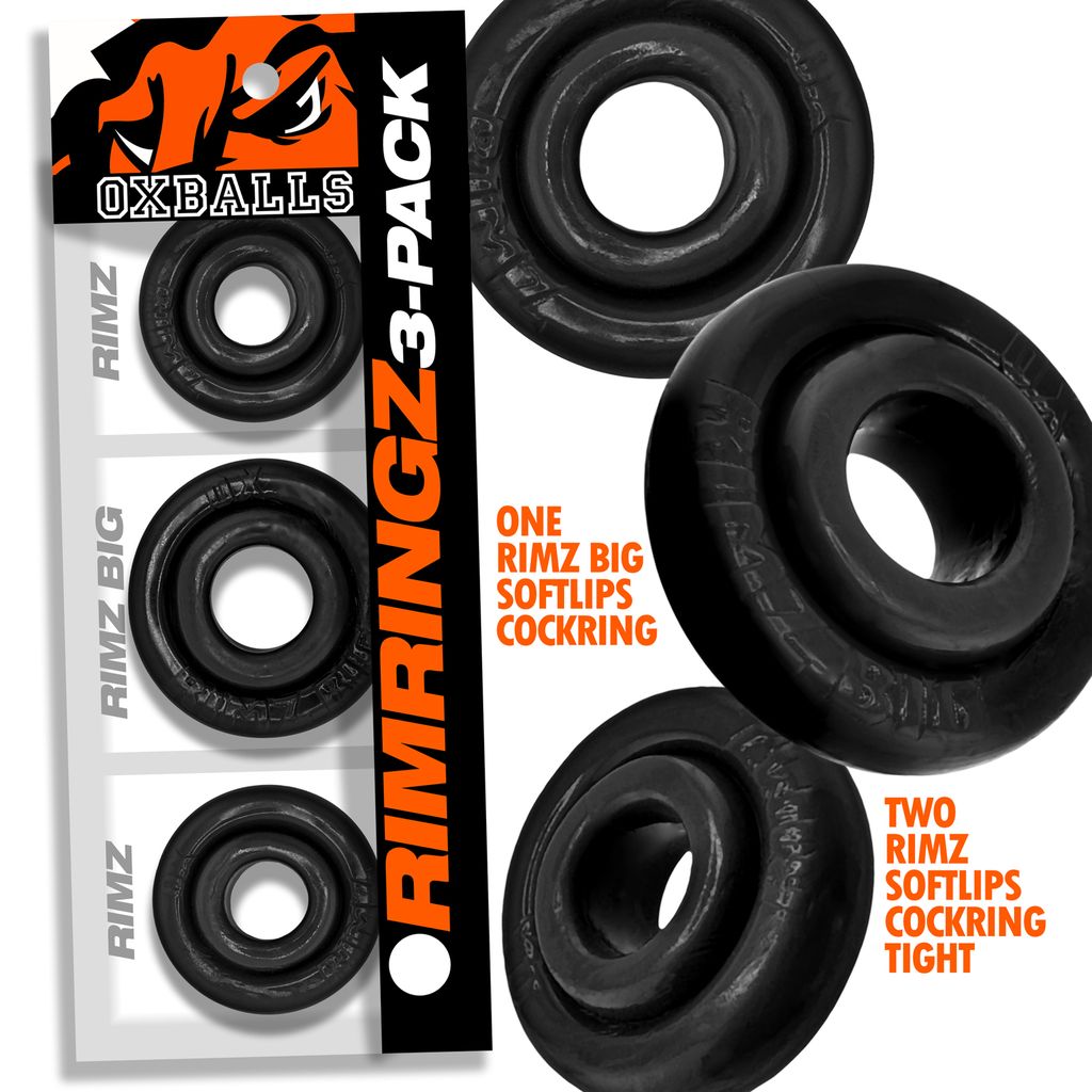 Black OXBALLS Rimringz 3-pack cock rings with different sizes.