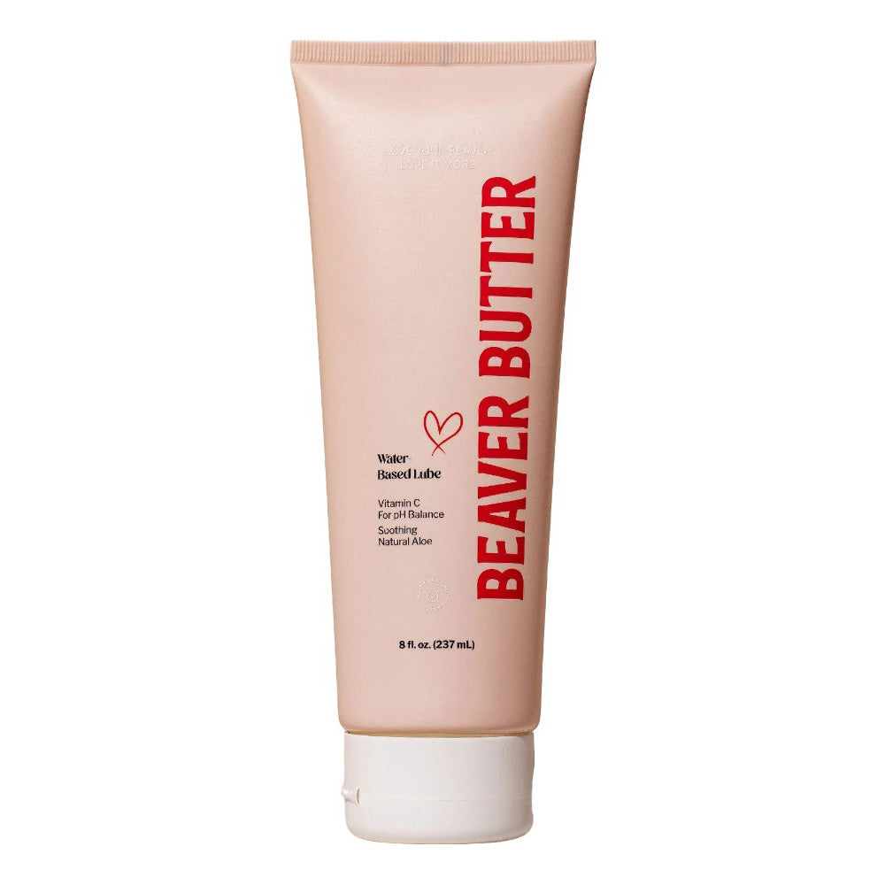 A pink tube of Beaver Butter water-based lube with red text.