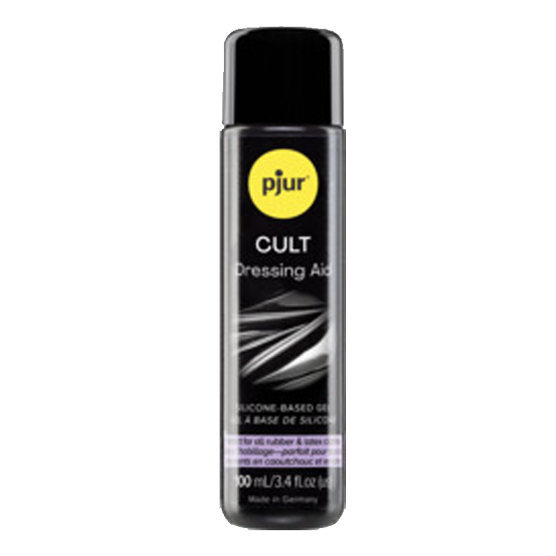 Pjur CULT Dressing Aid silicone-based lubricant in a black bottle.