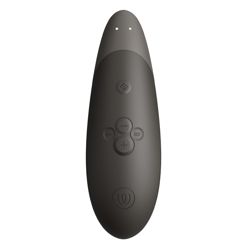 A dark gray Womanizer Enhance clitoral stimulator with buttons and a logo.