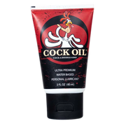 A 2 oz squeeze tube of water-based personal lubricant labeled "Cock Oil" with a cartoon rooster graphic.