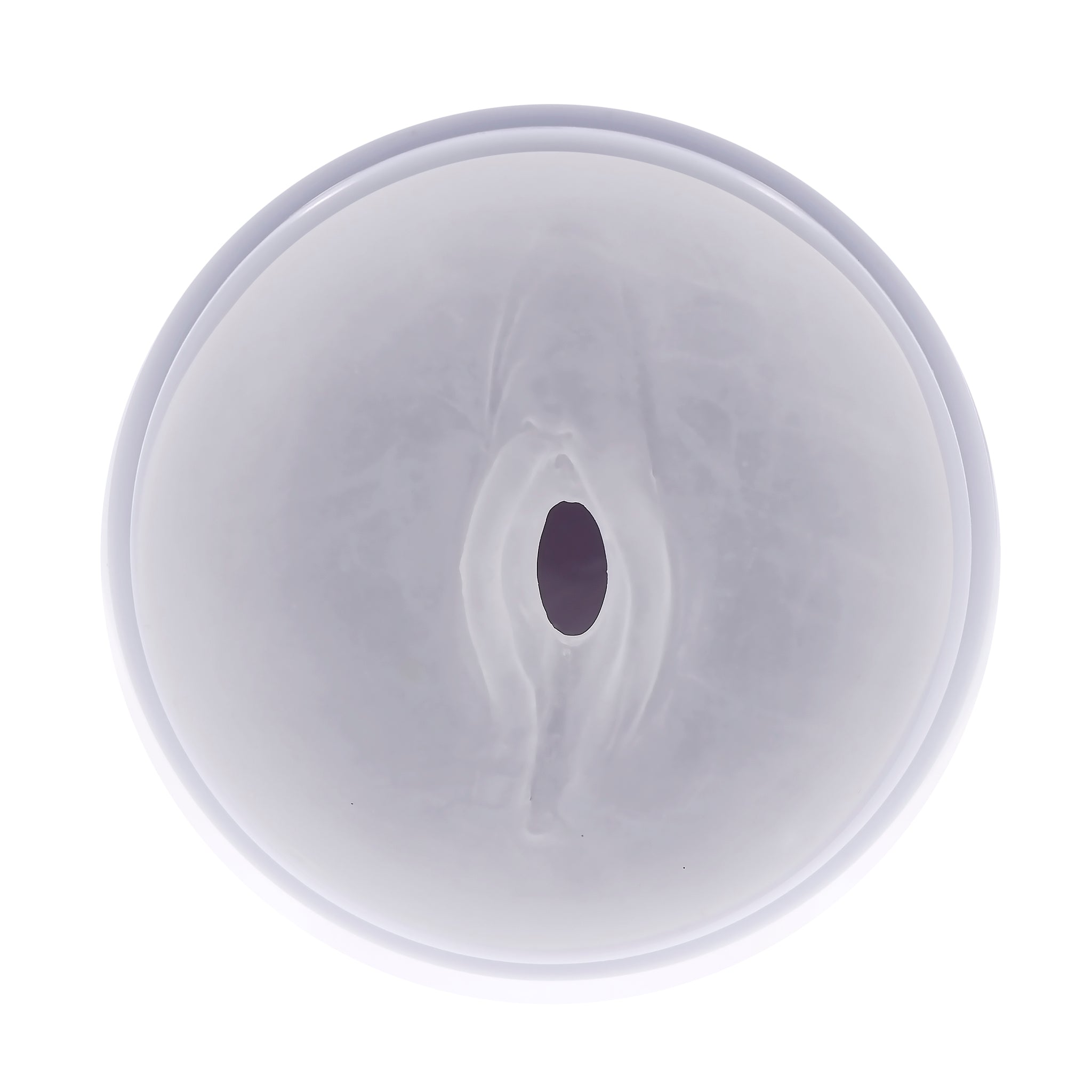 A white vibrating vaginal stroker with a dark opening.
