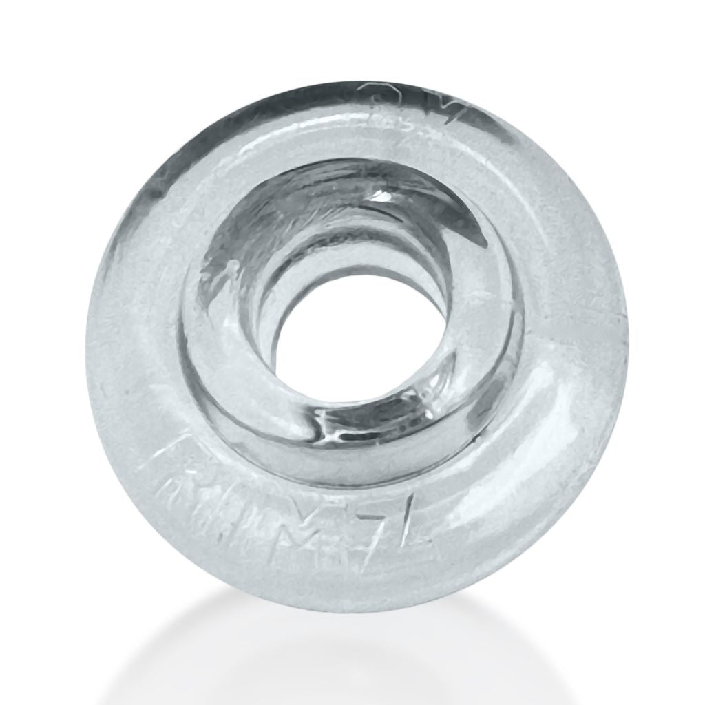 Clear soft rubber cock ring with embossed markings.