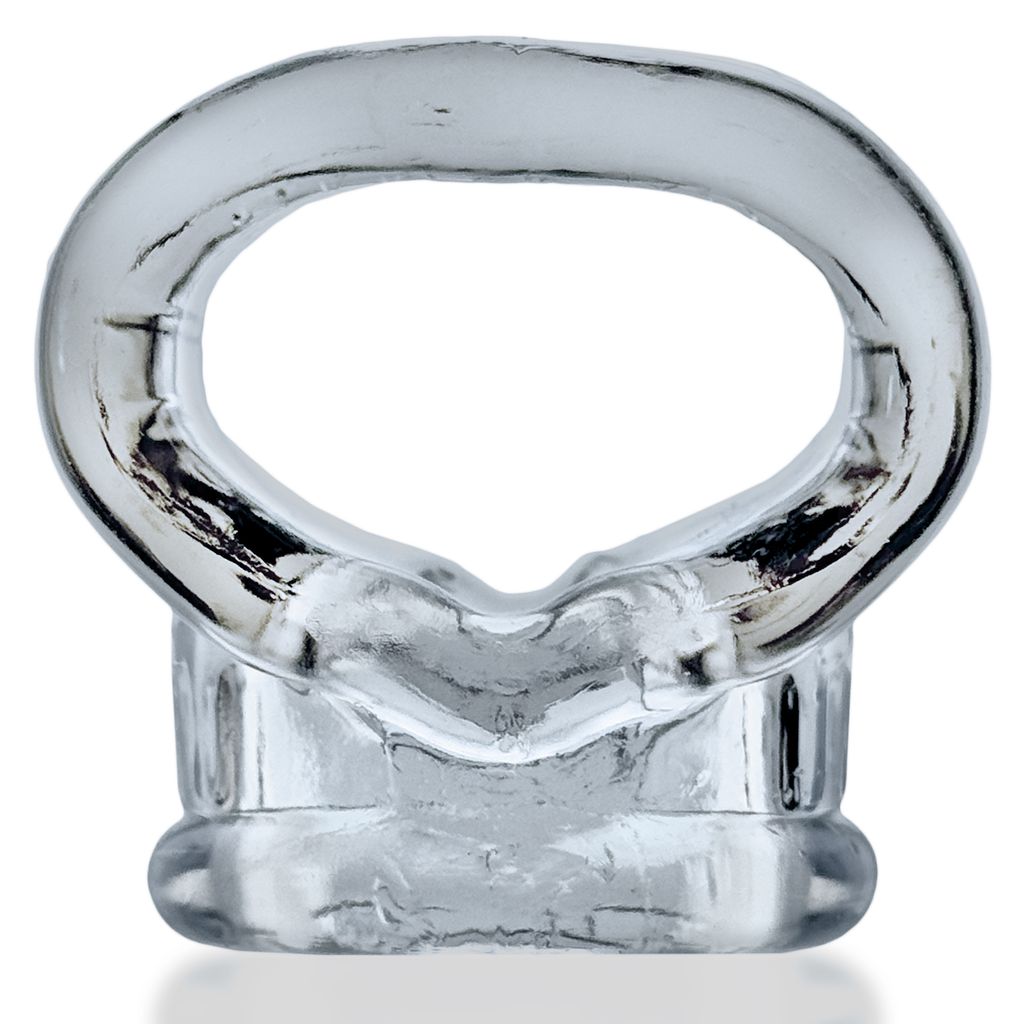 Clear cock ring and ball stretcher with an oval loop.