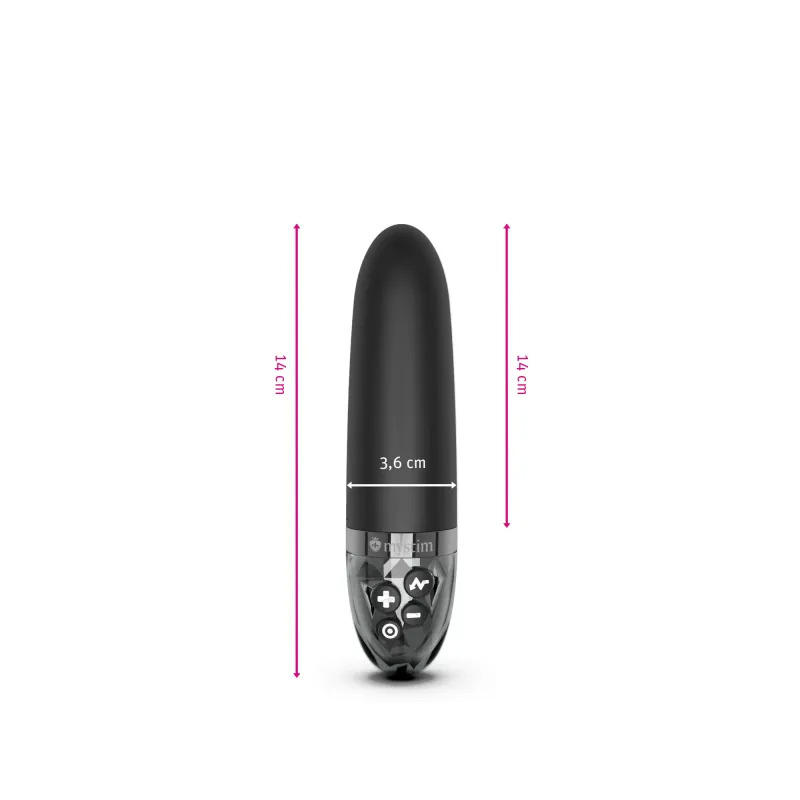 Black silicone E-stim vibrator with pelvic floor training and control buttons.