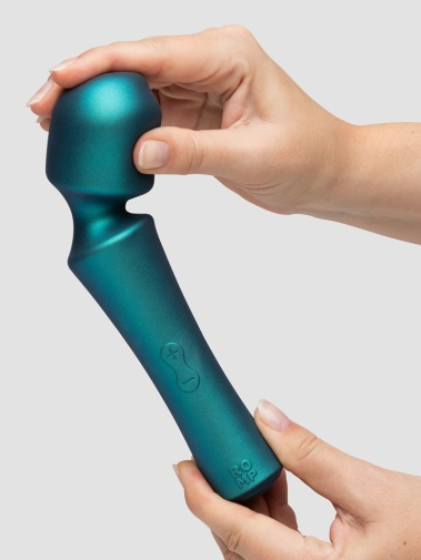 Teal mini wireless wand vibrator with power buttons and brand logo.