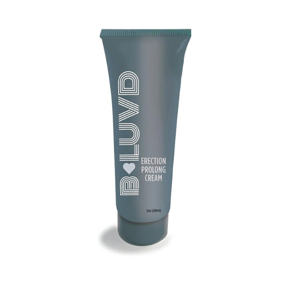 A tube of B-Luvd erection prolong cream with text.