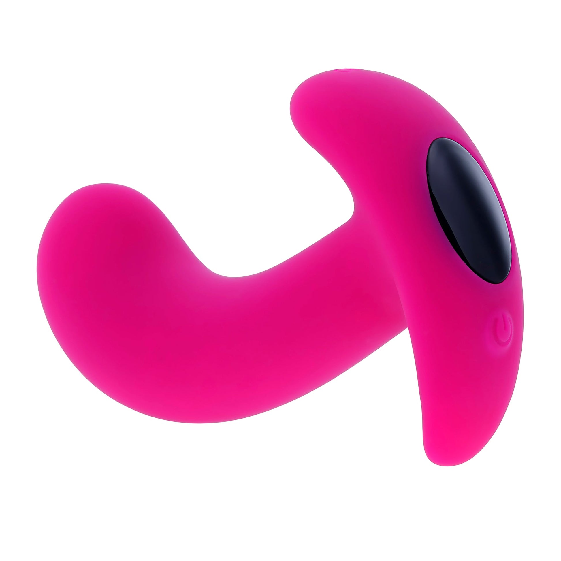A pink silicone prostate massager with a black control panel and a power button.