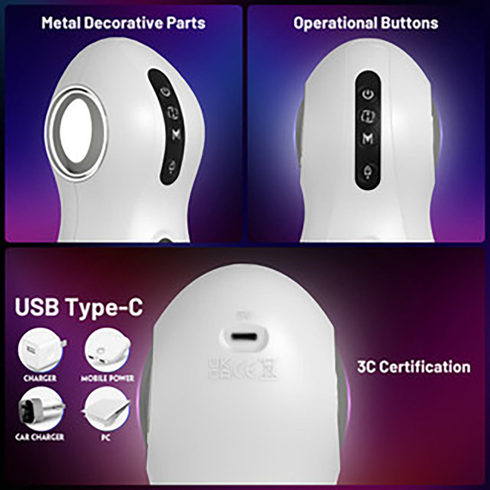 White automatic stroker with metal decorative parts, operational buttons, and USB Type-C charging.