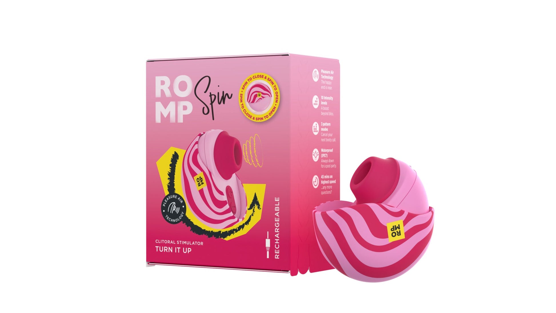 Pink and striped ROMP Spin clitoral stimulator with Pleasure Air Technology.