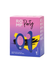 A purple remote control panty vibrator with pink buttons on a box.