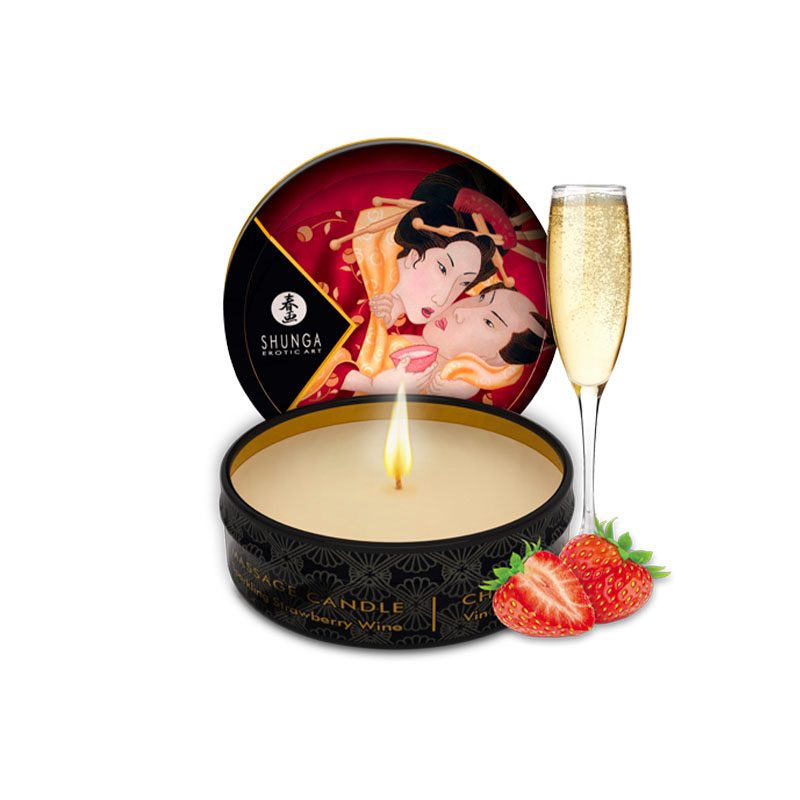 Shunga Sparkling Strawberry Massage Candle with essential oils.