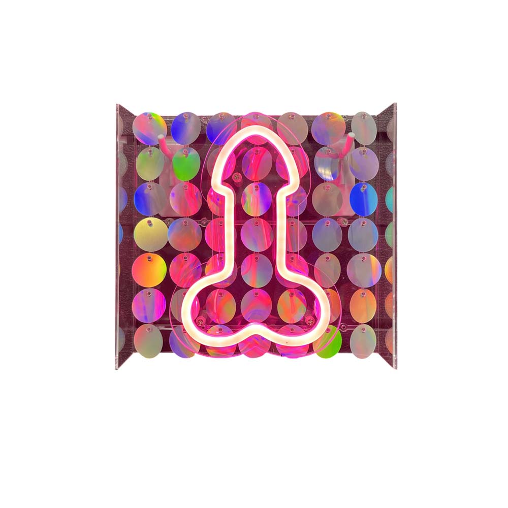 Neon penis light with a sequin backdrop.