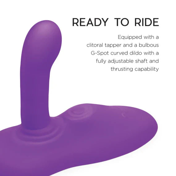 Purple wearable vibrator with a clitoral tapper and G-spot curved dildo.