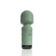 A green mini wand vibrator with a textured head and buttons on the handle.