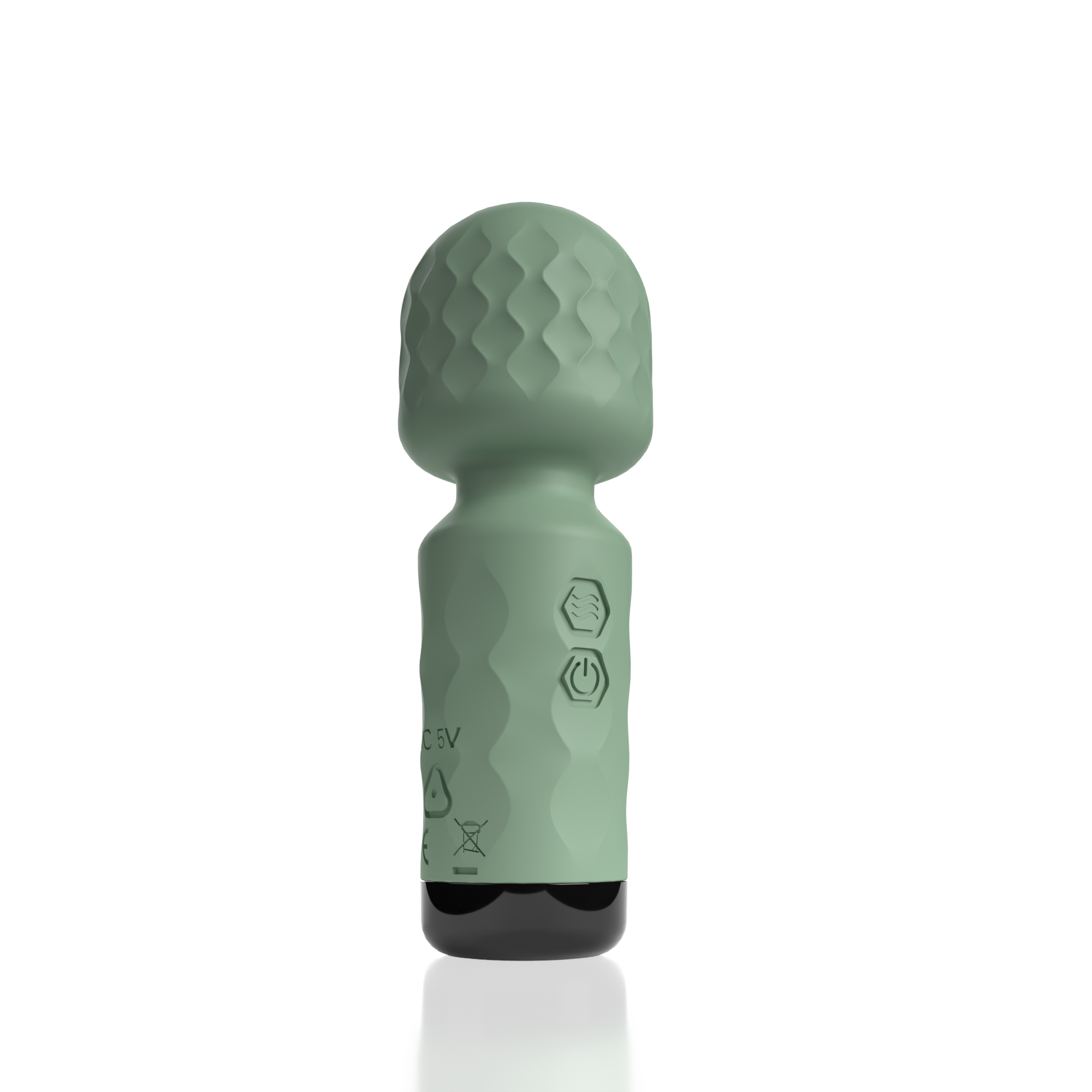 A green mini wand vibrator with a textured head and buttons on the handle.