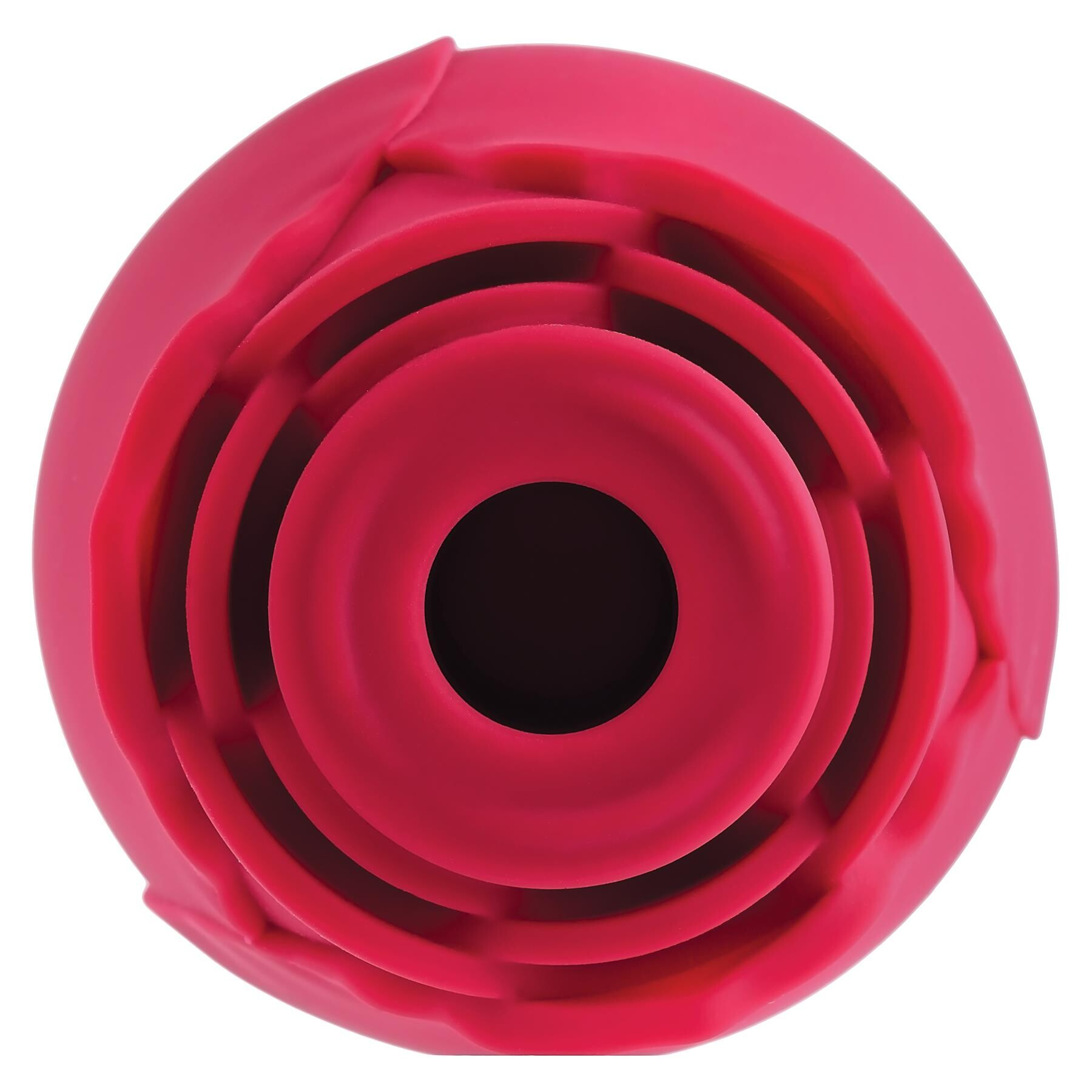 A pink silicone clitoral stimulator with a rose petal design.