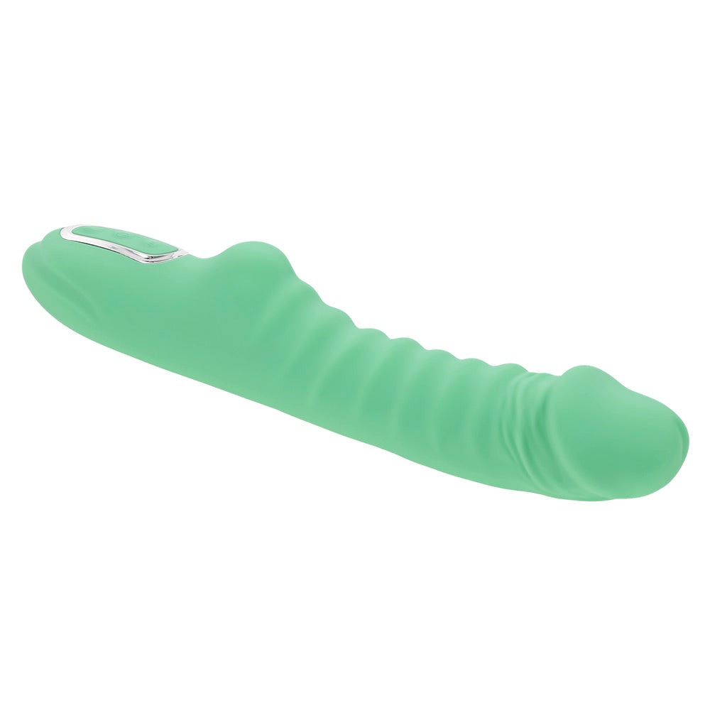 A ribbed, curved green vibrator with a silver button.