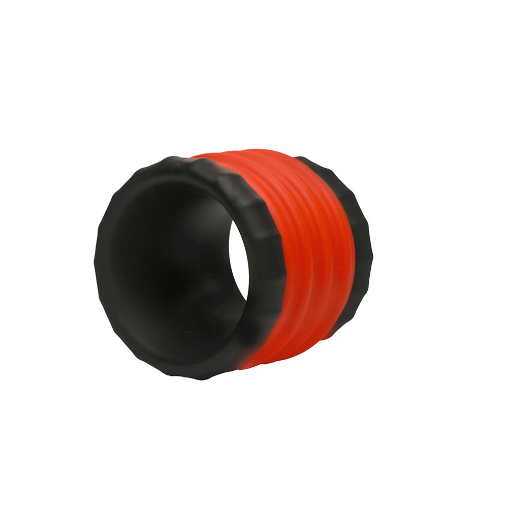 Red and black ribbed silicone cock ring and ball stretcher.