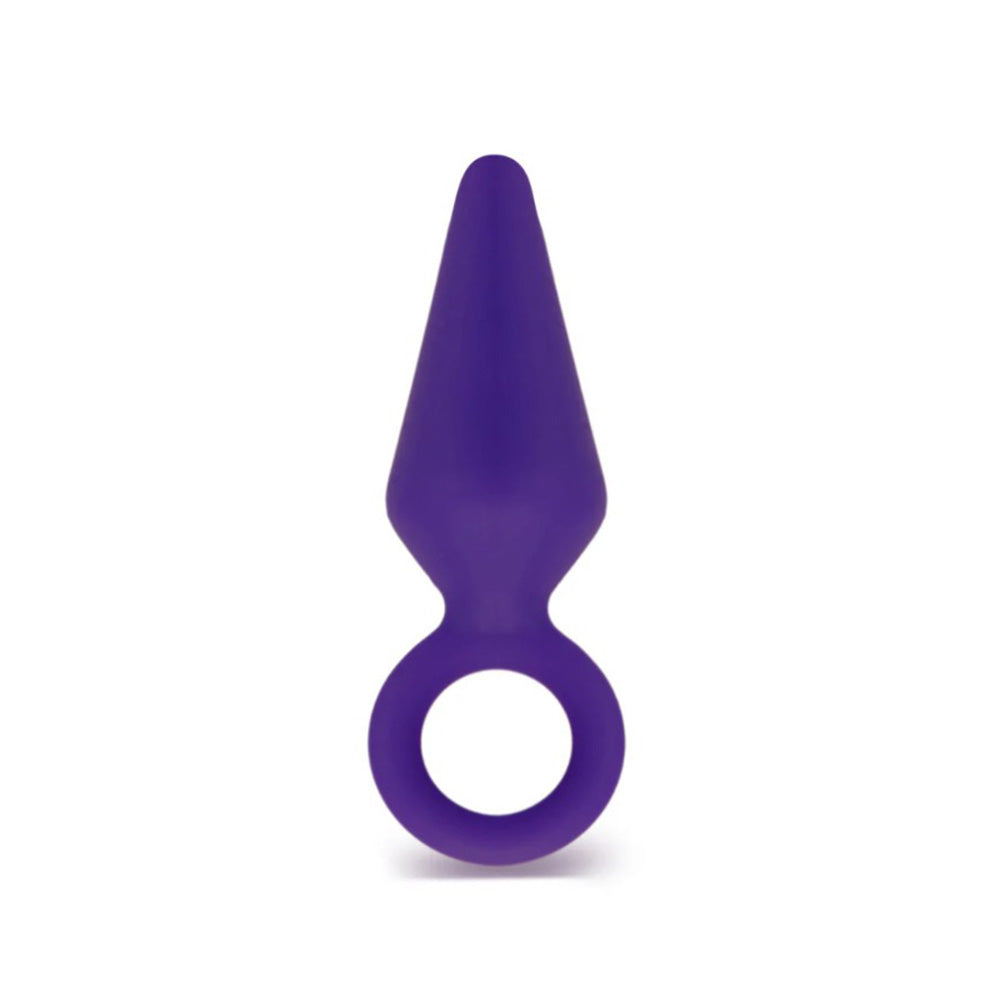 A purple silicone anal plug with a pointed tip and a ring base.