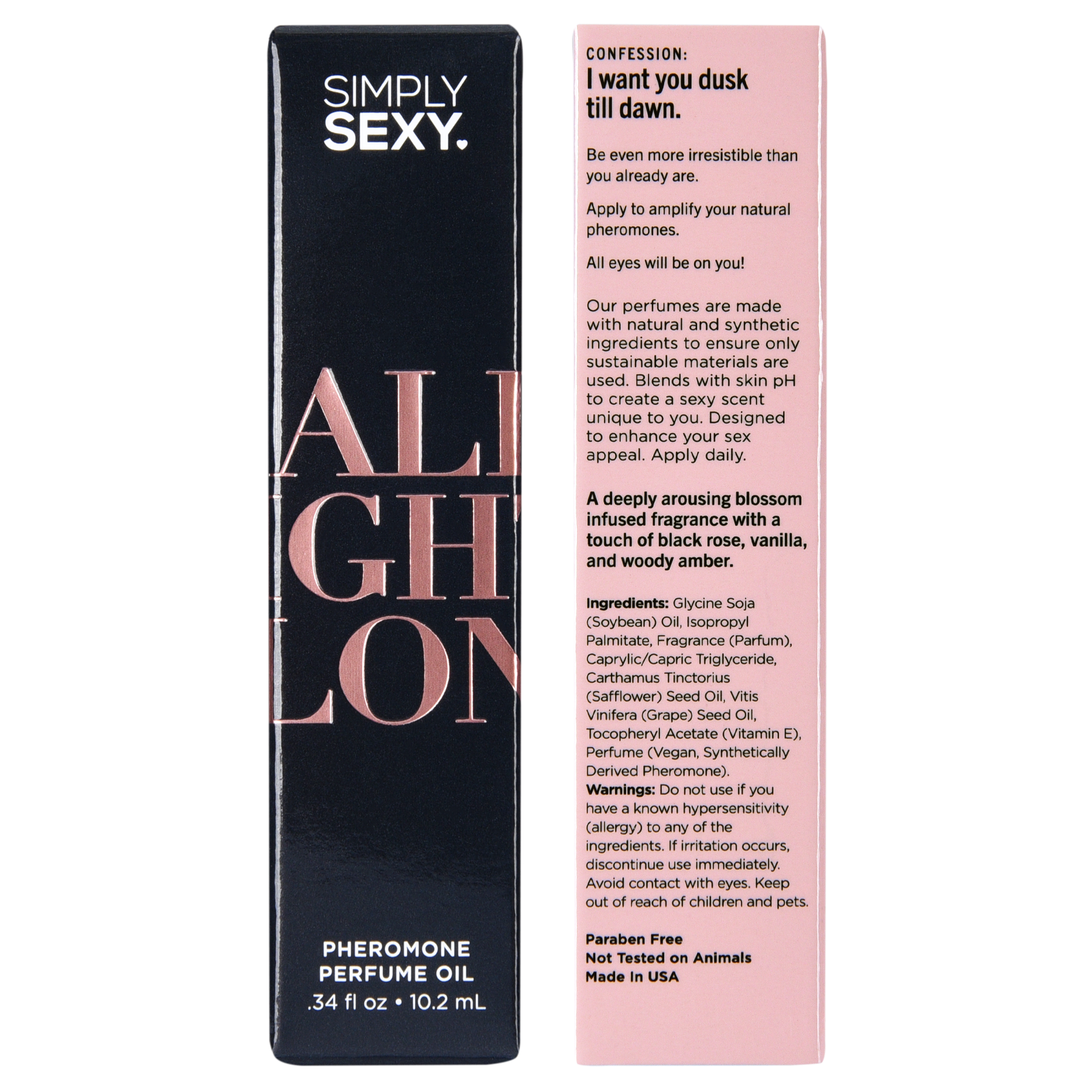 Simply Sexy All Night Long Pheromone Perfume Oil with blossom, black rose, vanilla, and woody amber.