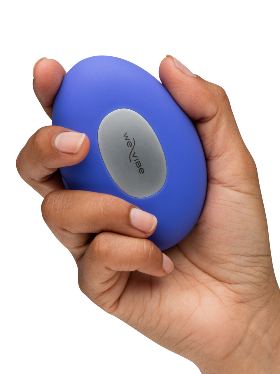 A hand holds a lavender blue vibrator with a silver oval button.