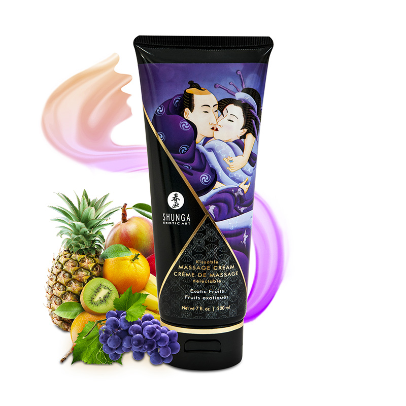 Shunga Exotic Fruits edible massage cream in a tube with fruit illustrations.